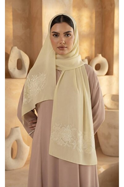 Veil Designer طرحه بوال اصفر ليموني طبقتين تطريز ورد الجوري علي طرفين الطرحه ...