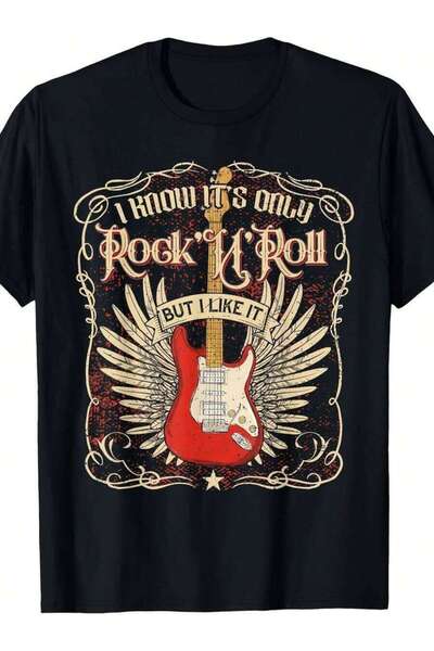 26LIK تي شيرت كلاسيكي بطبعة "I Know It's Only Rock'n'Roll But I Like It" - قم...