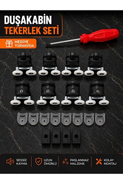 QuarVit Siyah Renk Cam Duşakabin Tekeri Tekerleği Rulmanı 8'li Set (TORNAVİDA...