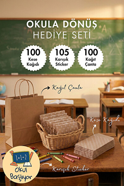 Bimotif Okula Dönüş Öğrenci Hediye Paketi Seti (100 adet Kağıt Çanta + 100 ad...