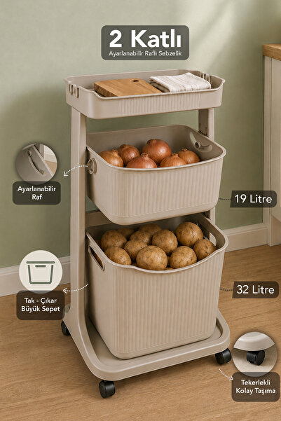 Meleni Home 2 Katlı Mutfak Organizer - Tekerlekli Sebze Patates Saklama Ayarl...