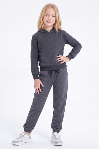 FYK KİDS Girl's Plain Kangaroo Pocket Hooded Tracksuit Set