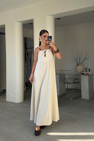 MAGARDE Rochie din in cu mărgele la umeri - BEJ