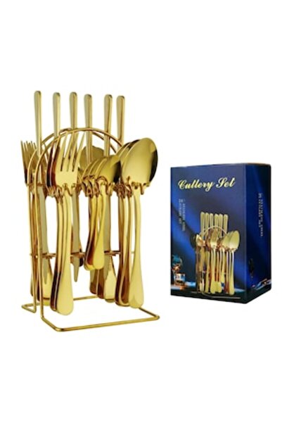 DealsReall 24-Piece Gold Cutlery Set with Stainless Steel Stand, for 6 Person...