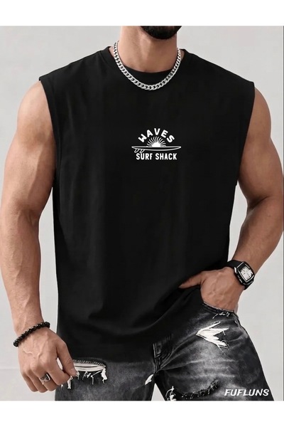 FUFLUNS Waves Surf Men's Regular Fit Crew Neck Sports Sleeveless T-Shirt
