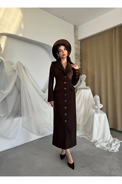 Clothes Fast Women's Brown Long Cashmere Jacket with Collar, Buttons, Pockets...