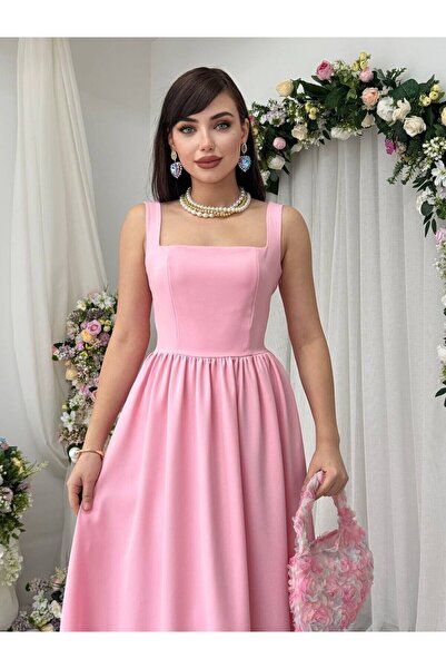 Moda Days Women's Pink Midi Dress Square Collar Backless Bow Detailed Atlas