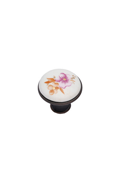 4 adet Vintage Gerçek Porselen Soft Rose Motifli Düğme Kulp %100 Pirinç Bakır Oksit (Vida Dahil)