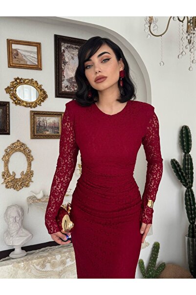 Moda Days Women's Burgundy Midi Dress Lace Textured Crew Neck Long Sleeve Gat...