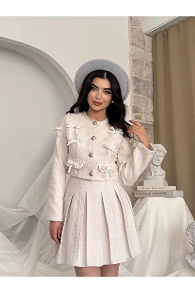 Clothes Fast Women's Ecru Jacket-Skirt Set with Bow and Buttons, Pleated Mini...