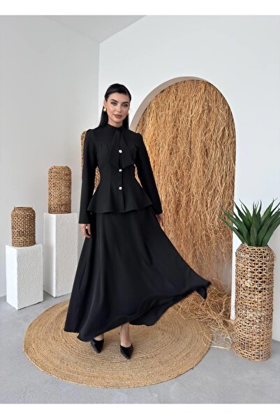 Clothes Fast Γυναικείο Μαύρο Σετ Φούστας με Όρθιο Γιακά, Λεπτομέρεια Φουλάρι,...