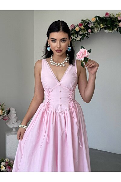 Moda Days فستان نسائي وردي طويل بياقة على شكل V وأزرار جانبية وأربطة بدون أكم...