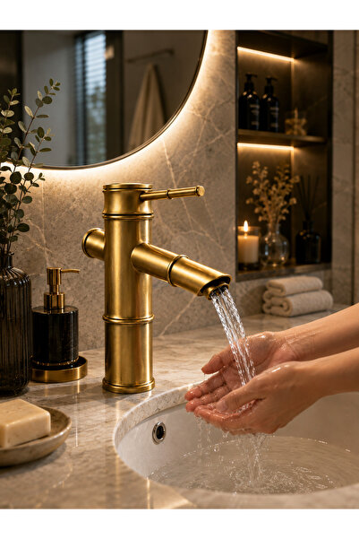 CEKO ARMATÜR Bambu Eskitme Sabit Lavabo Bataryası | Premium Model | Lüks Vintage Lavabo Musluğu