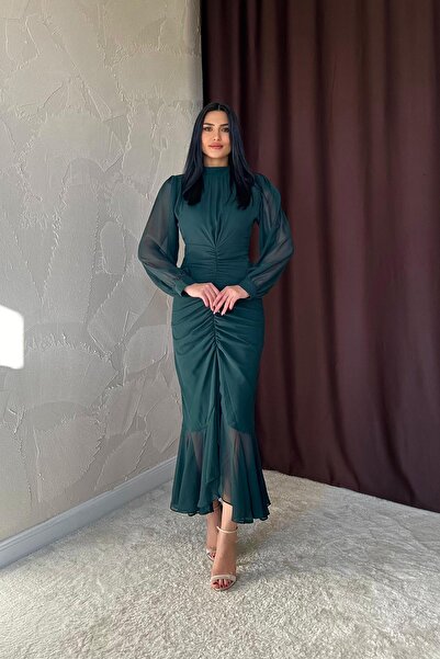 Moda Days Women's Emerald Chiffon Front Gathered High Neck Long Sleeve Slit M...