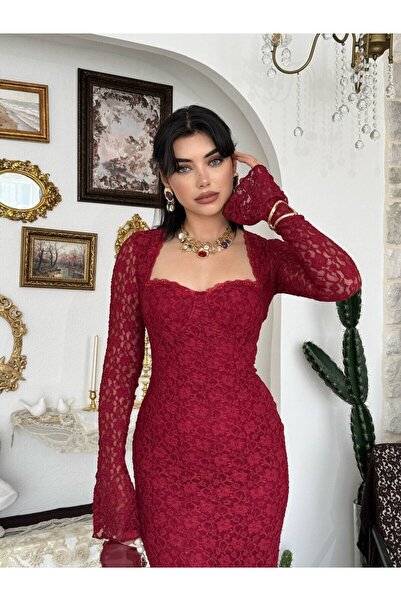 Moda Days Women's Burgundy Lace Midi Dress with Heart Collar, Long Sleeves, F...