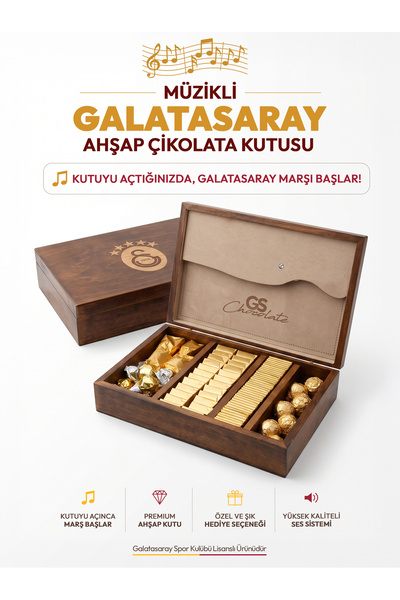 Galatasaray Çikolata Müzikli Ahşap Kutu Marş Çalan Lisanslı Hediye Kutusu 1 kg
