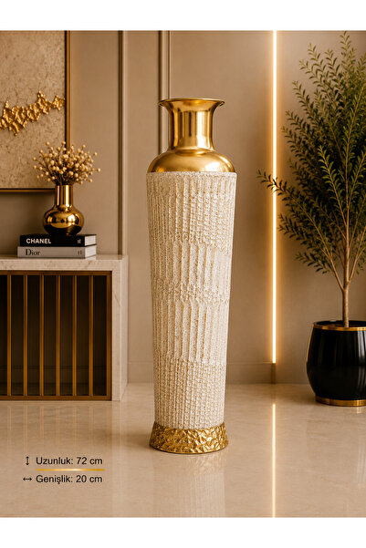 Hinora Decorative Metal Floor Vase 72 cm White Gold Large Size Living Room an...