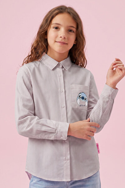 R&B Stitch Print Shirt with Classic Collar and Long Sleeves