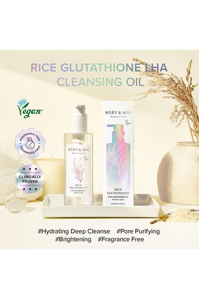 Mary&May Rice Glutathione LHA Cleansing Oil - Deep Pore Cleansing, Blackhead & Whitehead Removal - Korean Makeup Remover with Rice Bran Oil, Gentle Exfoliation, Clean Beauty, 6.76 fl.oz.