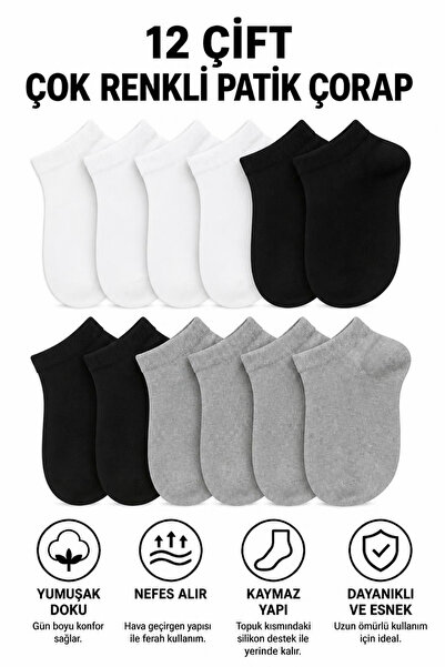 TreBears 12’li Paket Unisex Patik Çorap Seti – Pamuklu Bilek Boy Patik Çorap,...