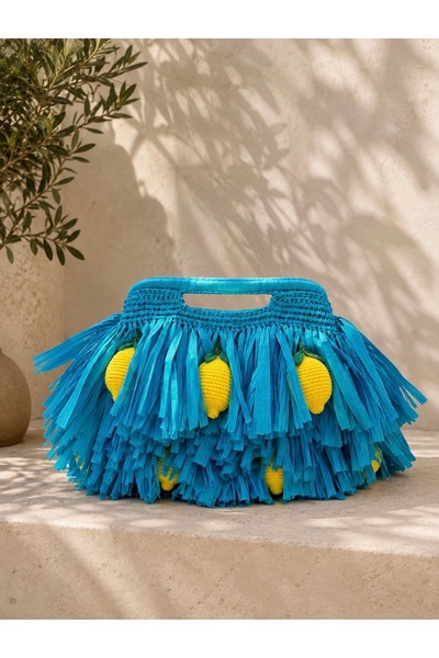 Tuvita Collection Bodrum Handmade Turquoise Tassel Handbag with Lemon Detail