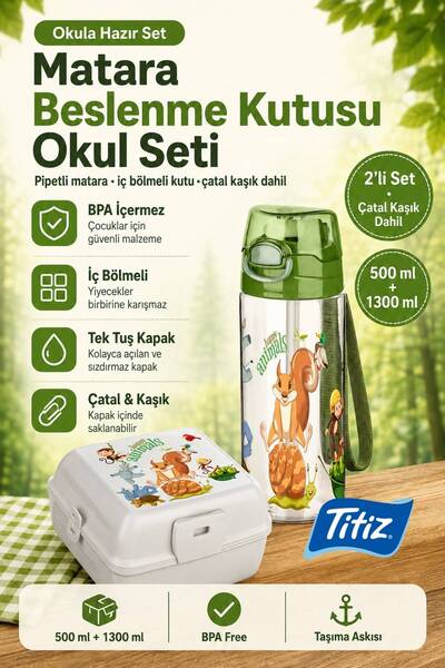 Titiz Okul Için Plastik Çocuk Matara ve Beslenme Kabı Seti 500 ml