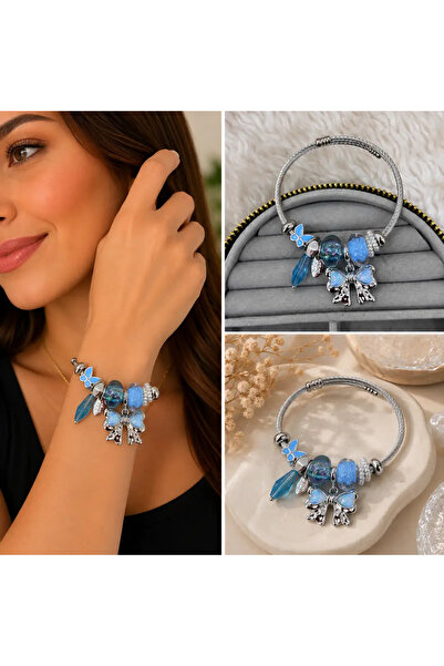 Bozhi Blue Butterfly Accessory Detailed Silver Color Women's Accessory Bracel...