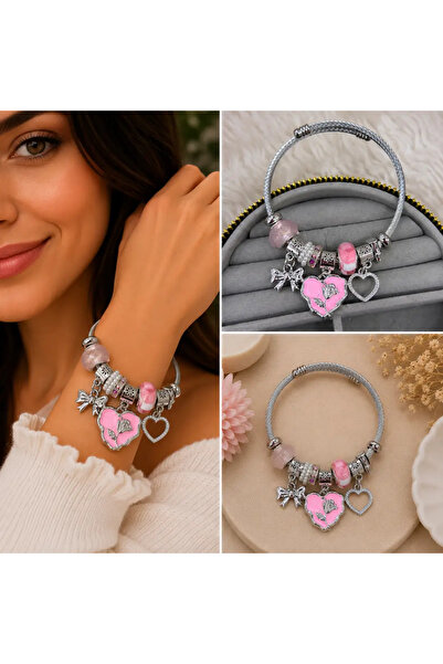 Bozhi Pink Heart and Bow Accessory Detailed Silver Color Women's Bracelet Ste...