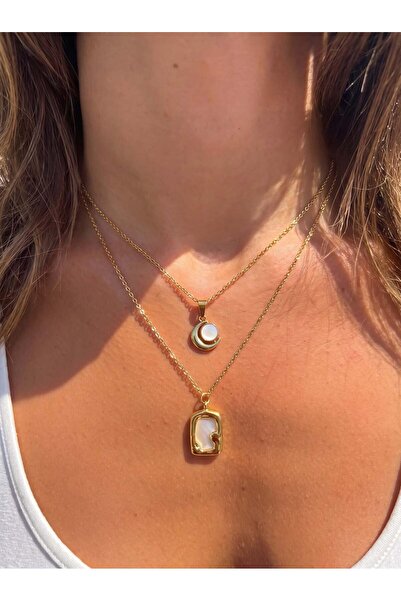Eylülün Takısı Women's Gold Color Moon Model and Design Model 2-Piece Steel N...