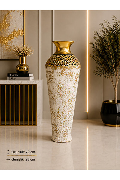 Hinora Decorative Metal Floor Vase 72 cm White Gold Openwork Large Size Livin...