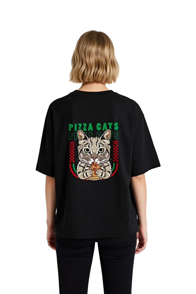 PayBuy Tricou cu mânecă scurtă, cu imprimeu Cat Pizza, supradimensionat, pent...