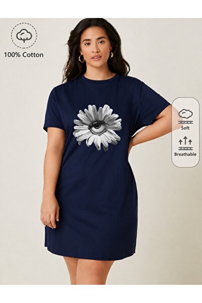 classy moda Μπλουζάκι Oversize Extra Long Tunik με σχέδιο μαργαρίτας και μοτί...