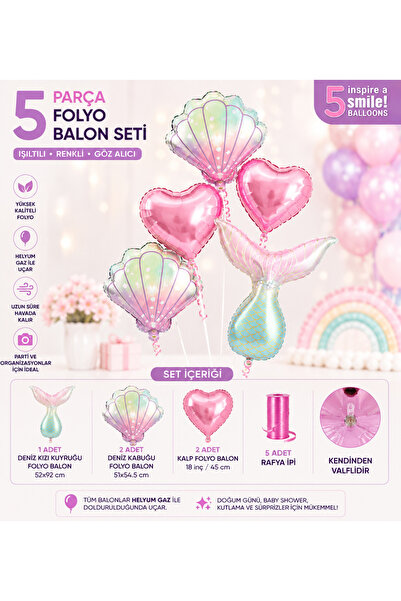 Doğasüs Deniz Kızı Kalpli Folyo Balon seti 5 li