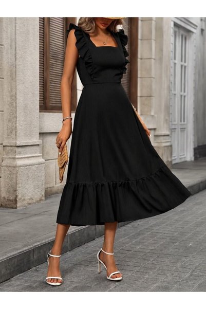 METKAR Women's Strappy Ruffled Square Neck Tie Back Midi Aerobin Midi Dress
