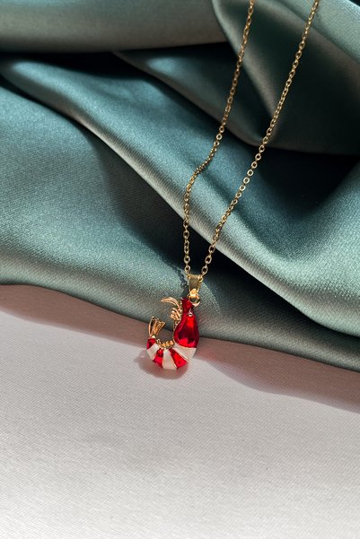 Berilya Aksesuar Red and White Enameled Shrimp Figured Necklace