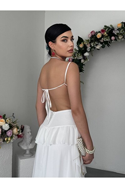 Clothes Fast Women's White Midi Dress V-Neck Rope Strap Backless Flounce Chiffon