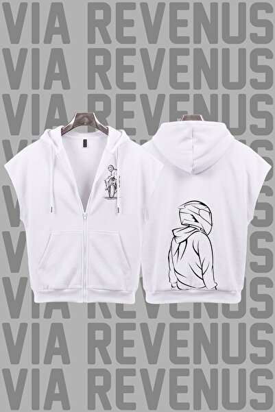 Vordevia Biker Printed Sleeveless Zippered Hooded Sweatshirt Wide Fit 3 Threa...