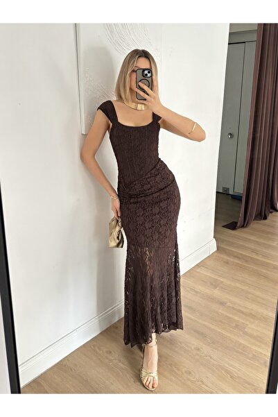 Moda Days Women's Brown Lace Detailed Off-The-Shoulder Asymmetrical Cut Long ...