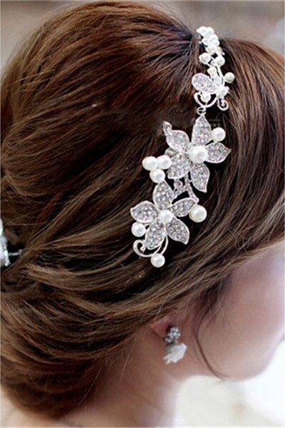 VeeShop Bentita de par Apple Blossom, flori cu cristale si perle mari albe