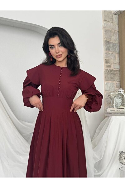Clothes Fast Women's Burgundy Midi Dress with Balloon Sleeves, Flounce on the...
