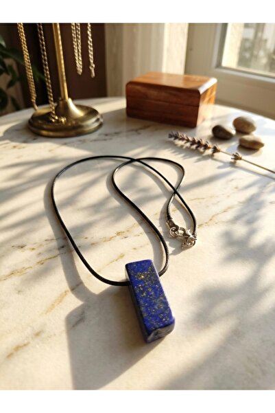 Meneva Aksesuar Lapis Lazuli Natural Stone Bar Cut Leather Cord Necklace