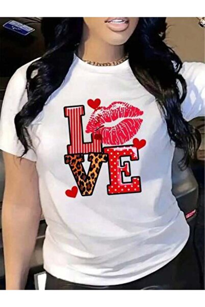 LİNA06 قميص نسائي عصري بطباعة قلب الفهد والشفاه والكلمة LOVE، برقبة مستديرة و...