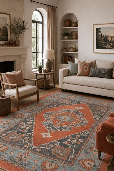 Oriente Home Arvena Serisi Retro Kırmızı Şönil Makine Halısı Kaymaz Taban Sal...