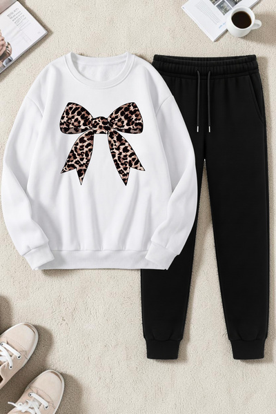 uyguntarz Unisex Leopard Patterned Ribbon Design Printed Crew Neck Sweatshirt...