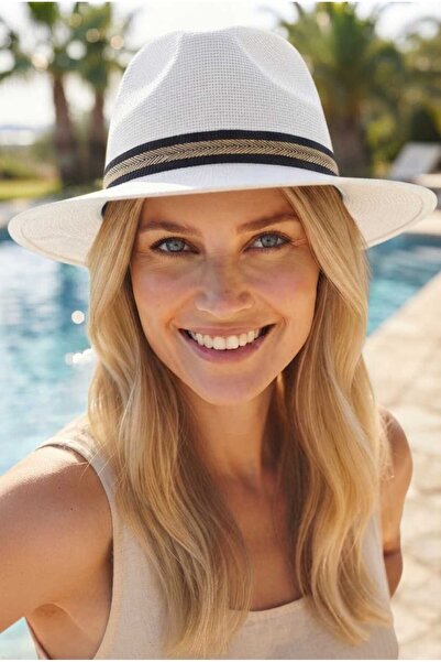 Uniquetrenders Women's Straw Panama Model Fedora Hat with Black Cord Stripe S...