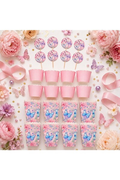 BKMC PARTY Set Premium de Gustări pentru Petrecere cu Fluturi |   8 forme pentru brioșe + 8 ornamente tip fluture pentru scobitori + 8 cutii imprimate pentru porumb |   Ornamente pentru ziua de naștere 24 de piese