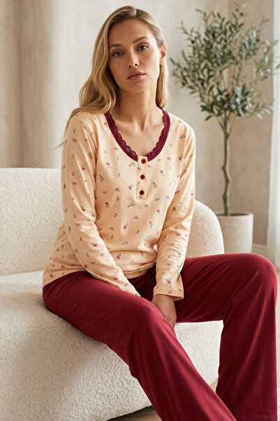 Siyah İnci Yellow Patterned Buttoned Cotton Lycra Knitted Pajama Set26240314