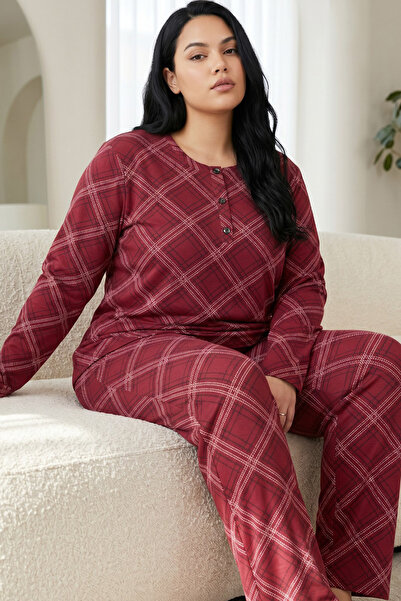 Siyah İnci Burgundy Plaid Patterned Buttoned Cotton Lycra Large Size Oversize...