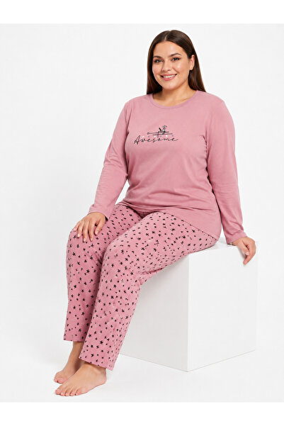 Genel Markalar Büyük Beden Kadın Mevsimlik Uzun Kol Awesome Pembe Pijama Takımı