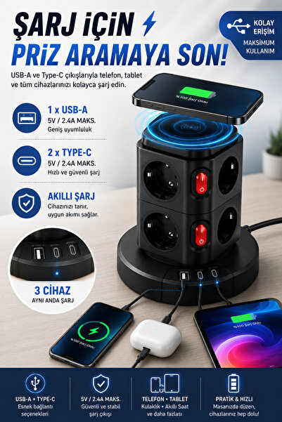 Merwish Kablosuz Şarjlı Uzatma Kule Priz 3680W 16A 230V, 8 Topraklamalı AC Priz, 10W Qi Şarj, 1 USB-A ve 2 Type-C Masaüstü Çoklu Priz